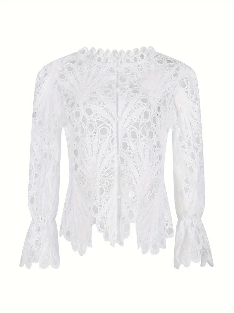 CM-TT007837 Women Trendy Bohemian Style Cut Out Asymmetrical Semi-Sheer Blouse - White