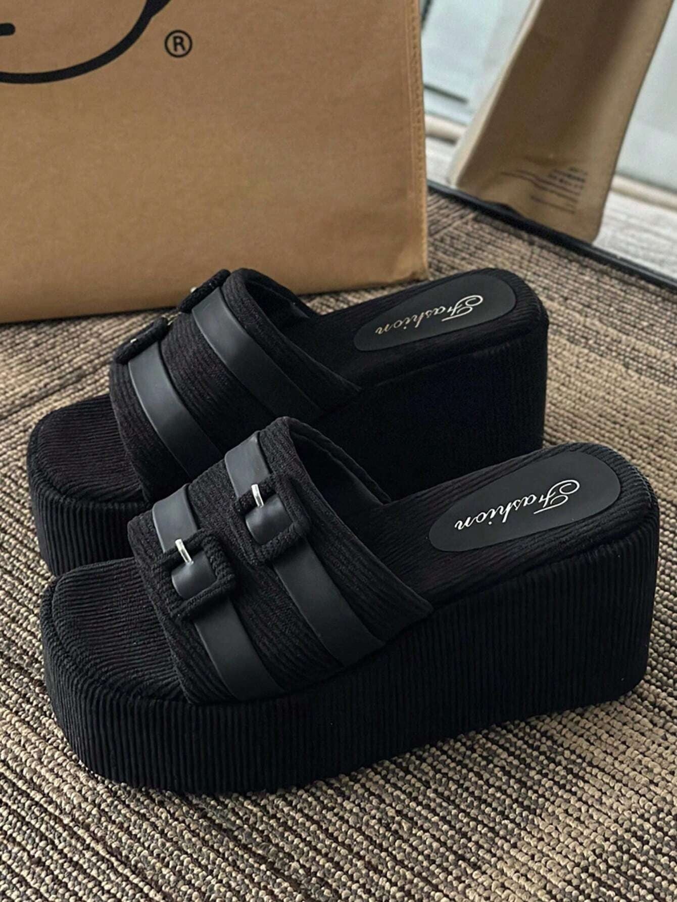 CM-SHS084308 Women Trendy Seoul Style Buckle Decor Faux Suede Wedge Slide Sandals - Black