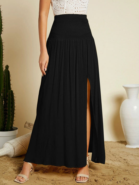 CM-BS626232 Women Trendy Bohemian Style Shirred Waist Split Thigh Skirt - Black