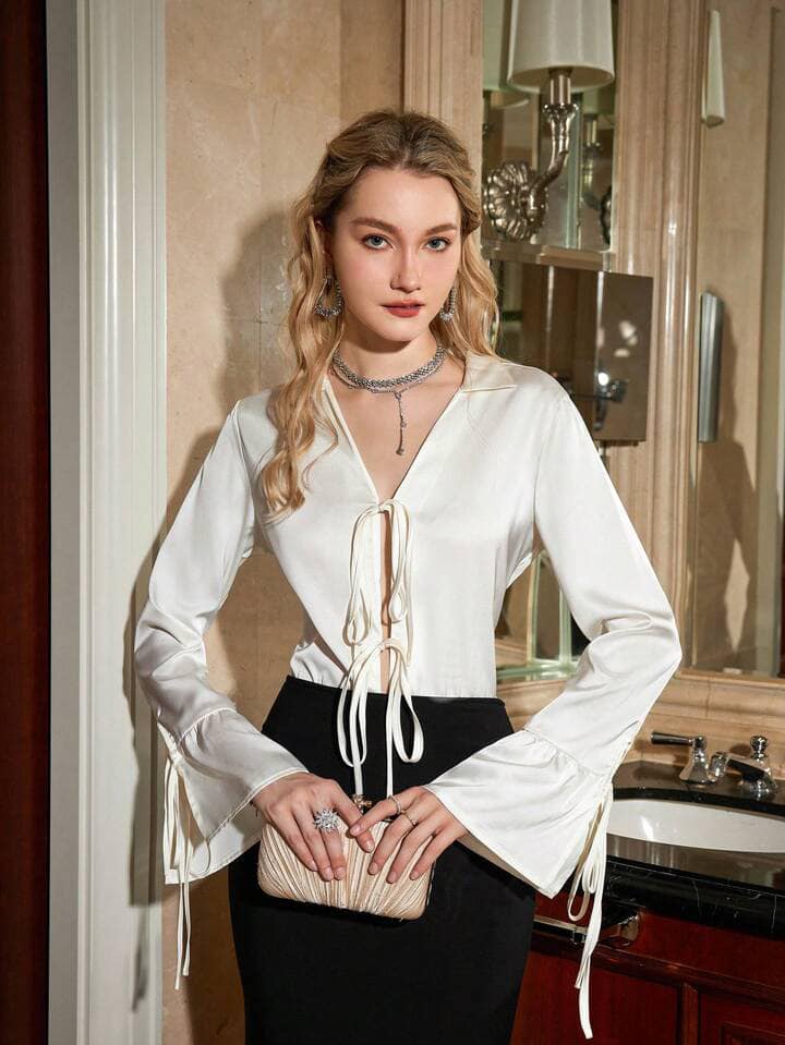 CM-TS261313 Women Casual Seoul Style Bow Tie V-Neck Long Sleeve Shirt - Apricot