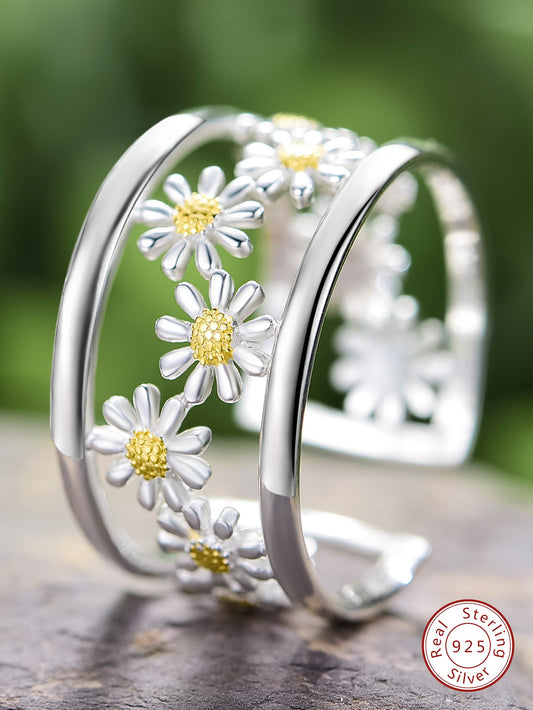 CM-AR479918 925 Sterling Silver Sunflower Decor Cuff Ring - Silver