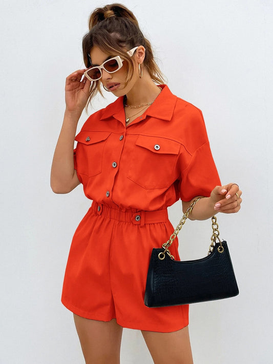 CM-JS112239 Women Casual Seoul Style Flap Pocket Drop Shoulder Shirt Romper - Orange