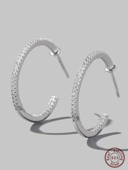 CM-AE066664 925 Sterling Silver Cubic Zirconia Decor Cuff Hoop Earrings - Silver