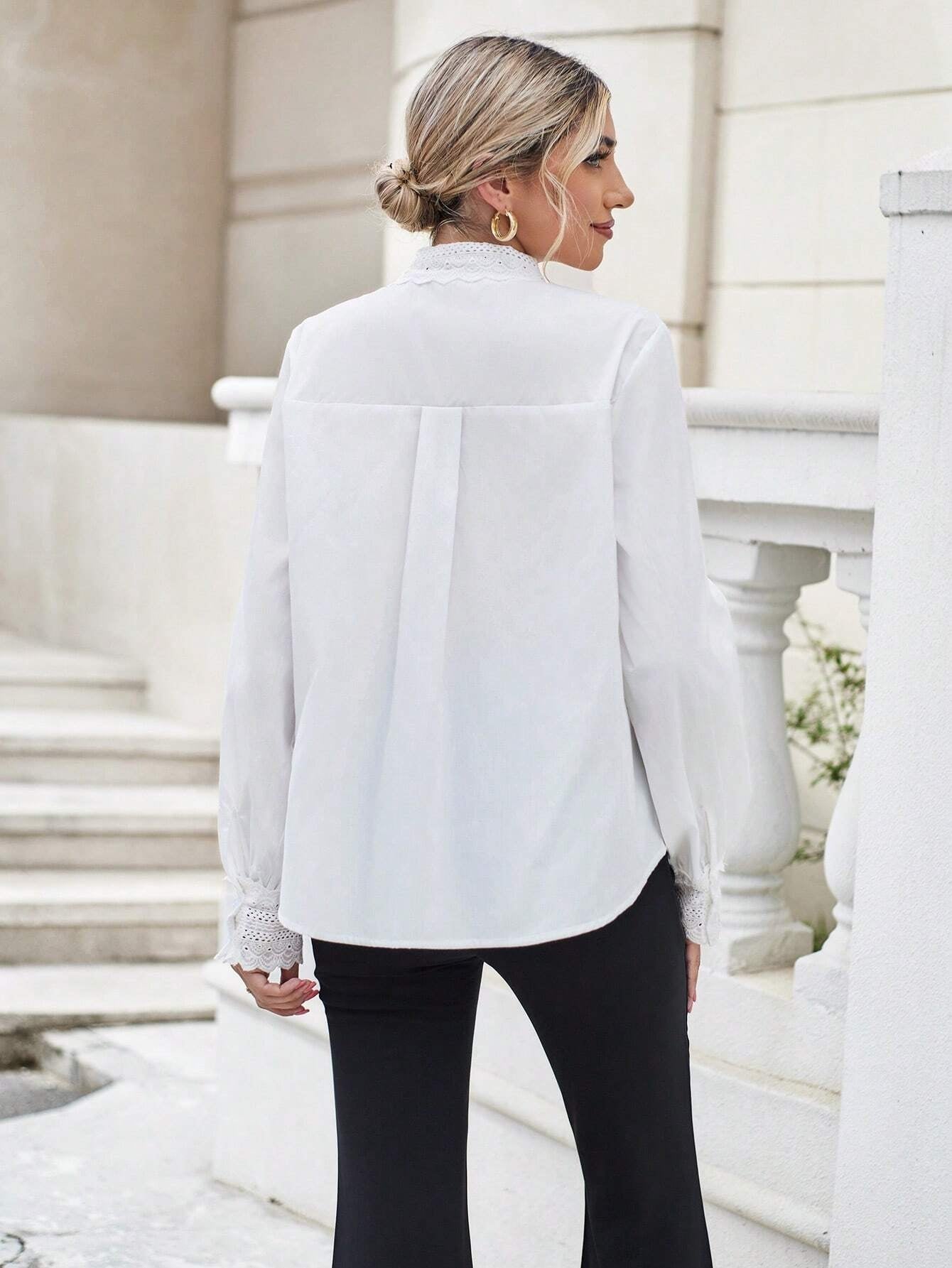 CM-TS305085 Women Elegant Seoul Style Tie Neck Lantern Sleeve Blouse - White