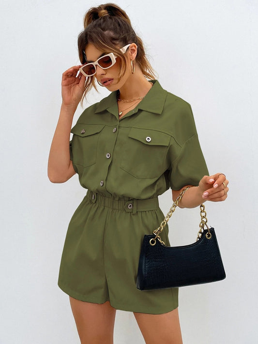 CM-JS081890 Women Casual Seoul Style Flap Pocket Drop Shoulder Shirt Romper - Army Green