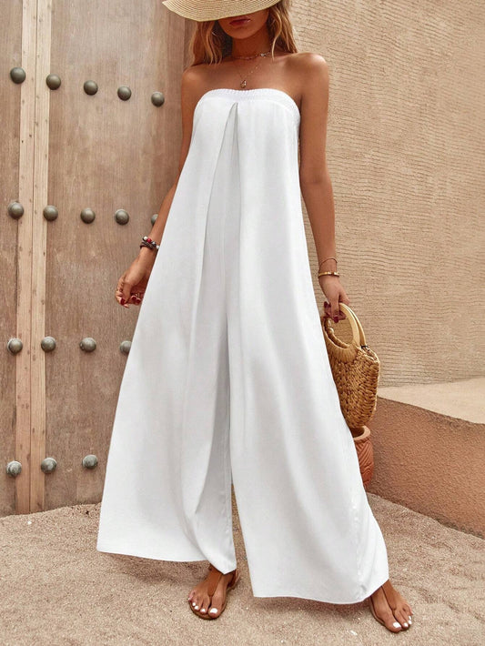 CM-JS483613 Women Trendy Bohemian Style Solid Tie Back Tube Wide Leg Jumpsuit - White