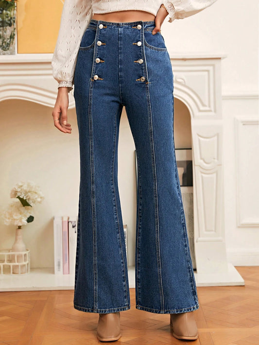 CM-BS341700 Women Casual Seoul Style Dark Wash High Waist Double Breasted Flare Leg Jeans