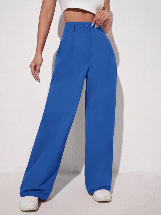 CM-BS130101 Women Elegant Seoul Style Solid Slant Pocket Wide Leg Pants - Blue