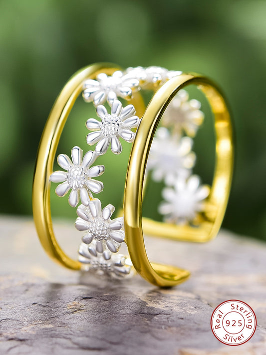 CM-AR434755 925 Sterling Silver Sunflower Decor Cuff Ring - Gold