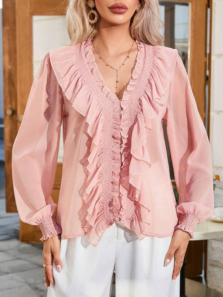 CM-TS380251 Women Elegant Seoul Style V-Neck Long Sleeve Ruffle Hem Shirt - Dusty Pink