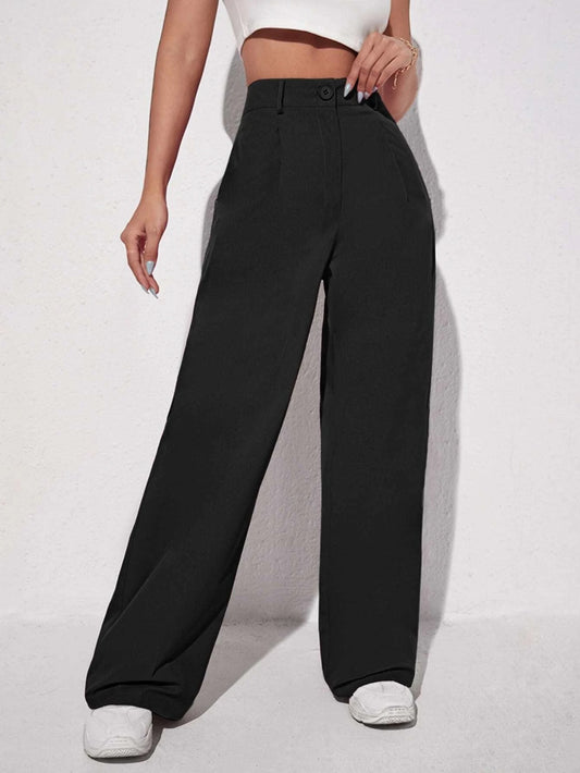 CM-BS232704 Women Elegant Seoul Style Solid Slant Pocket Wide Leg Pants - Black