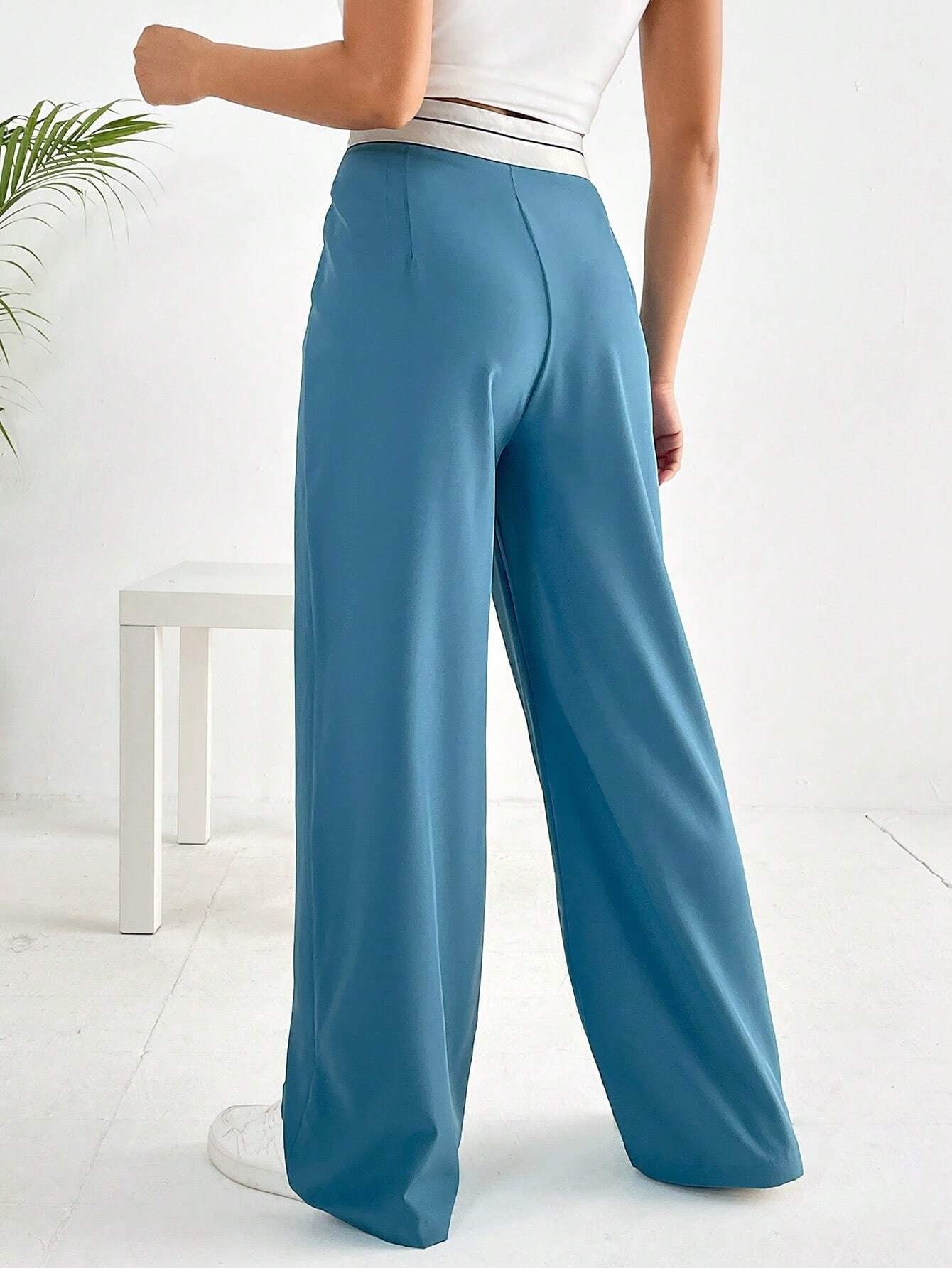 CM-BS261737 Women Casual Seoul Style Striped Waistband Wide Leg Pants - Cadet Blue
