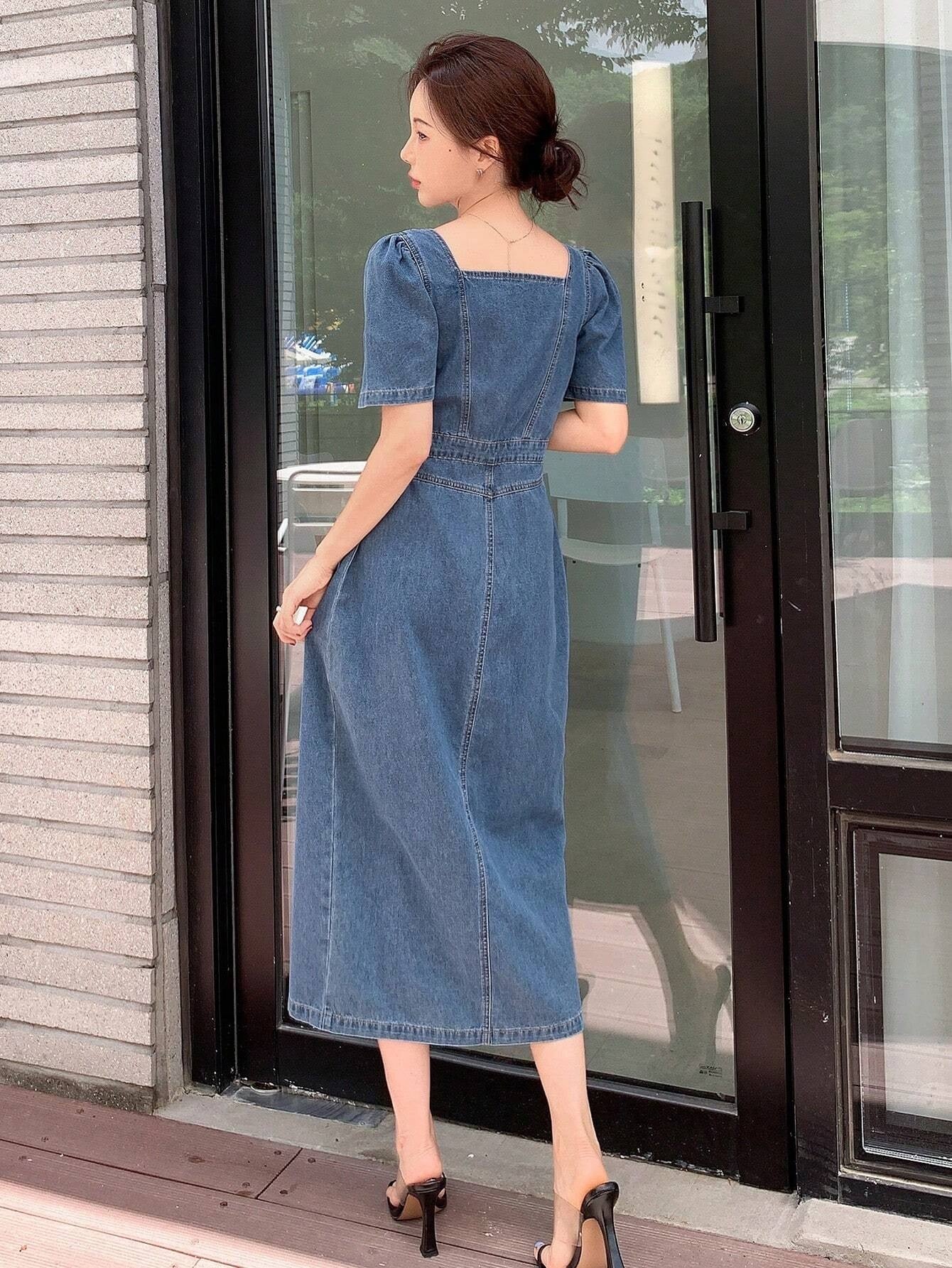 CM-DS907108 Women Casual Seoul Style Square Neck Button Front Split Thigh Denim Dress