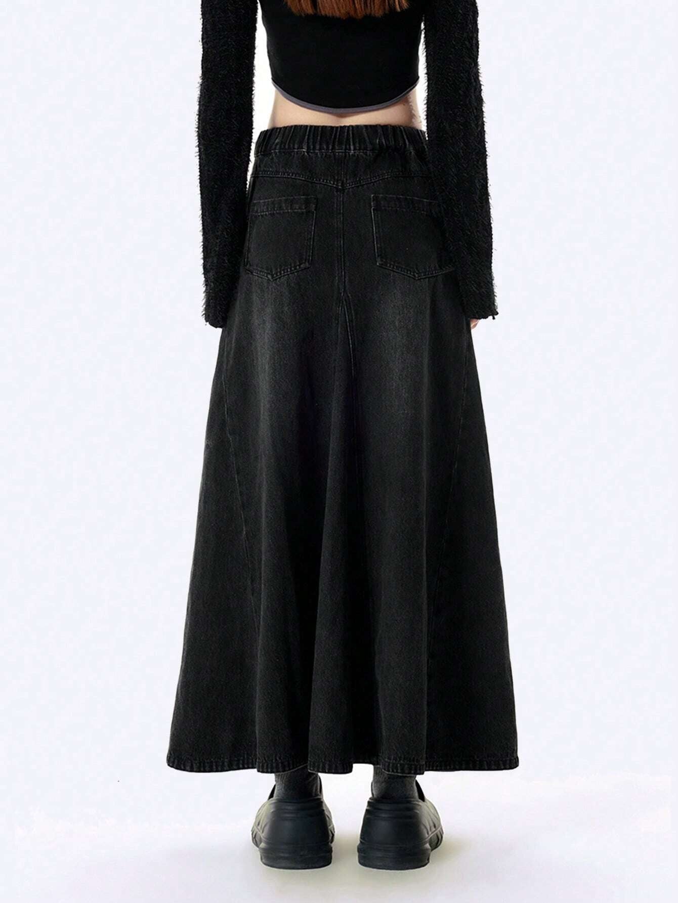 CM-BS287977 Women Casual Seoul Style Solid Split Thigh Denim Skirt - Black