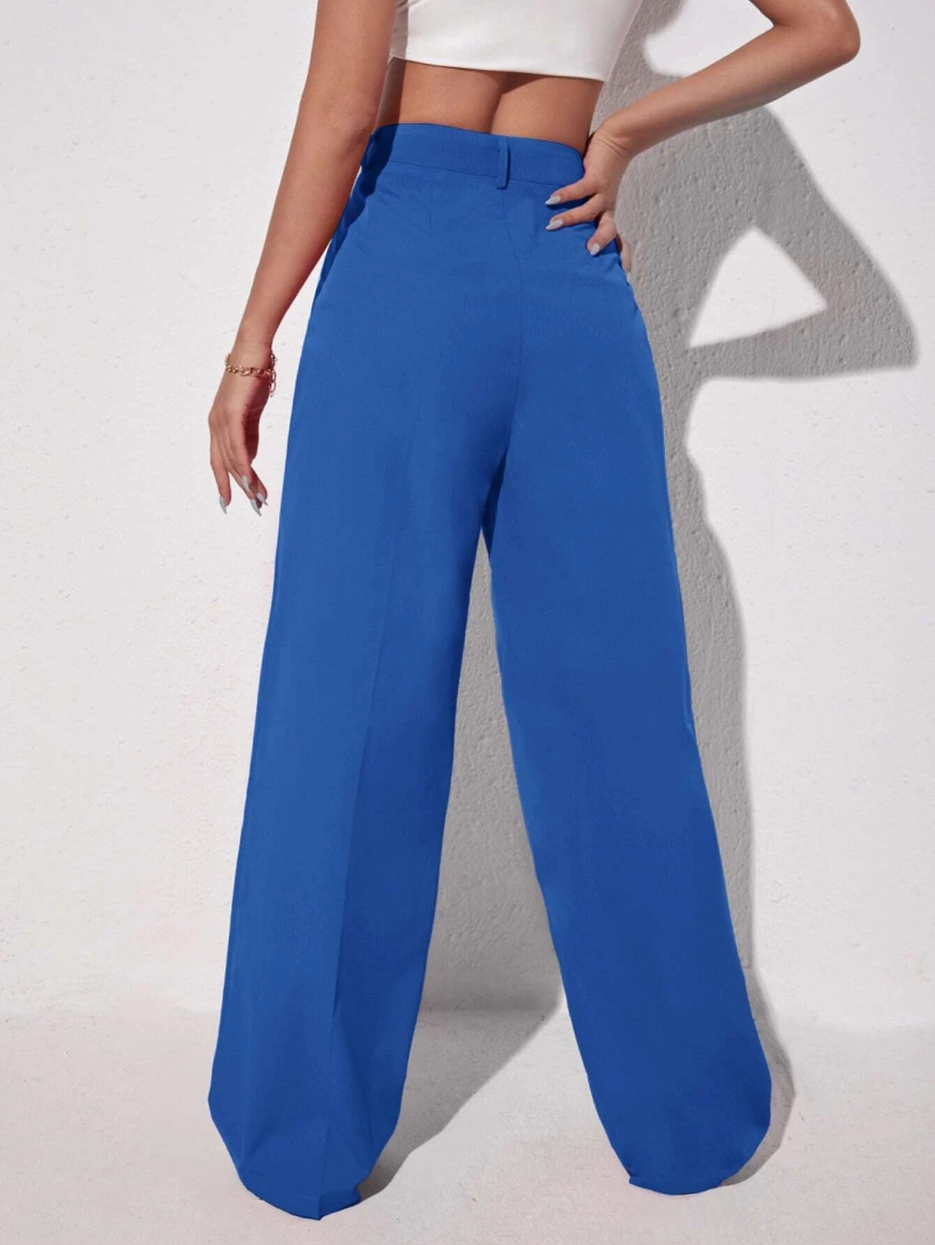CM-BS130101 Women Elegant Seoul Style Solid Slant Pocket Wide Leg Pants - Blue