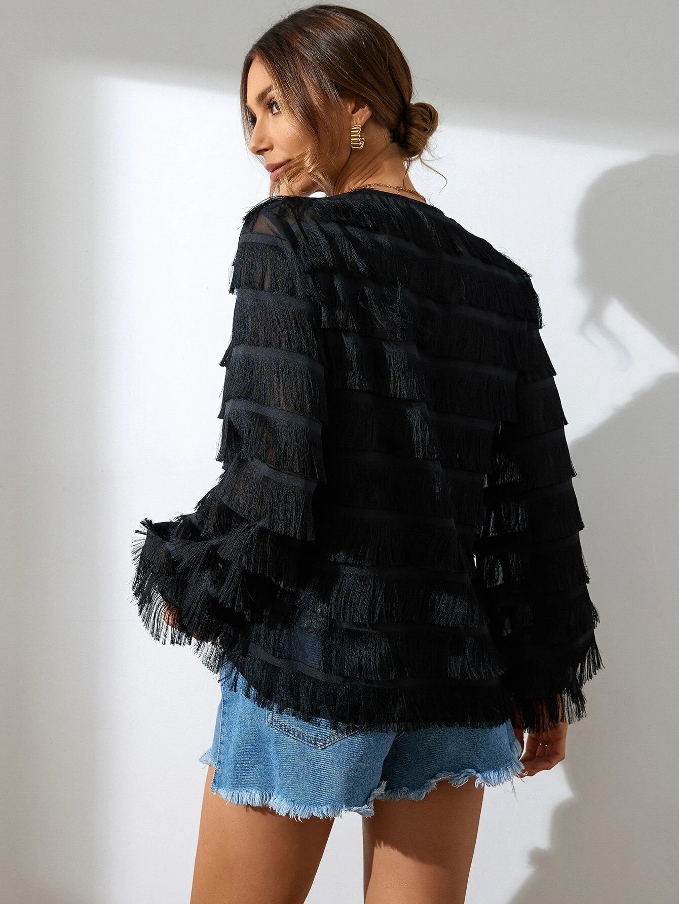 CM-TS384825 Women Elegant Seoul Style Fringe Trim Button Front Crop Blouse - Black