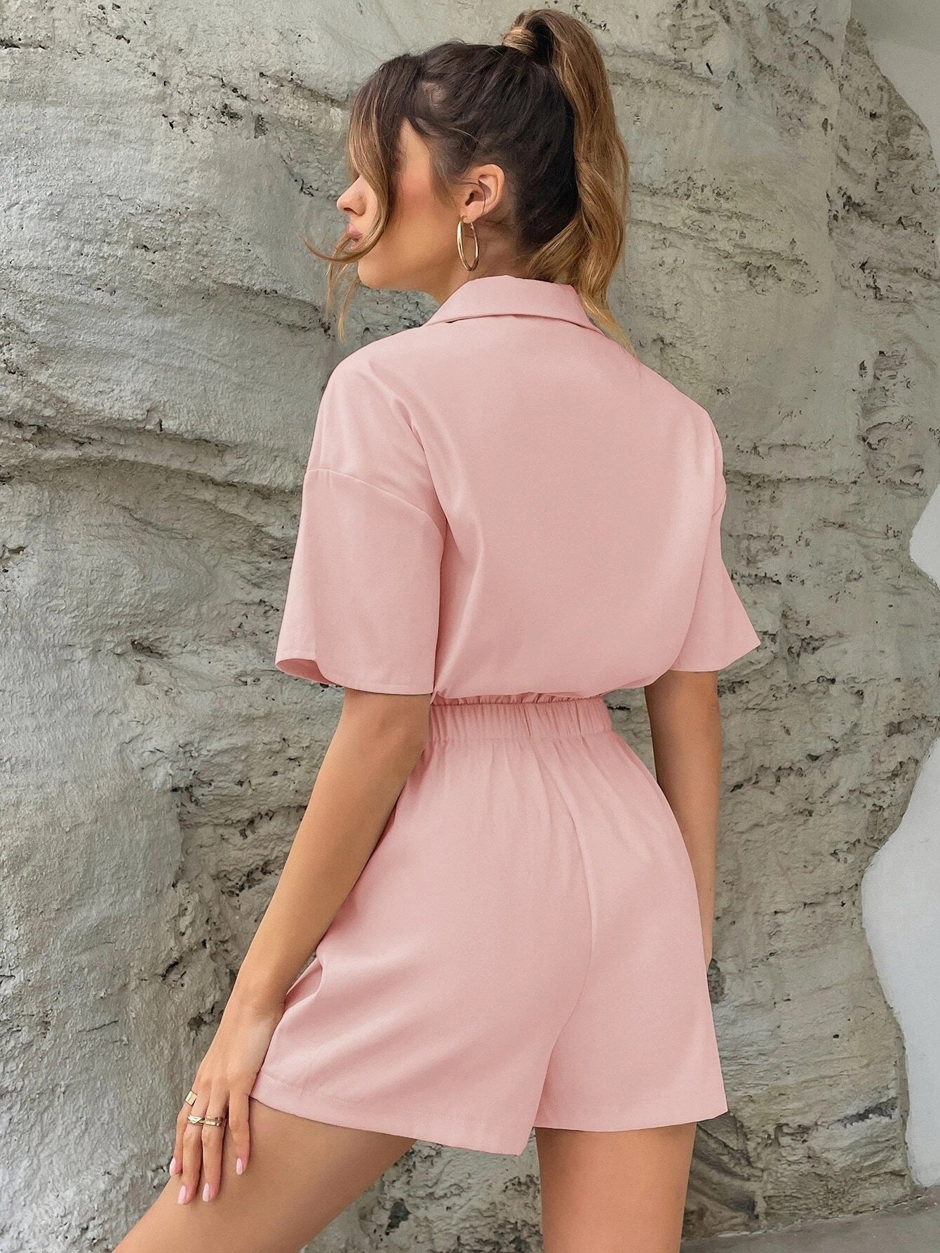 CM-JS527555 Women Casual Seoul Style Flap Pocket Drop Shoulder Shirt Romper - Baby Pink