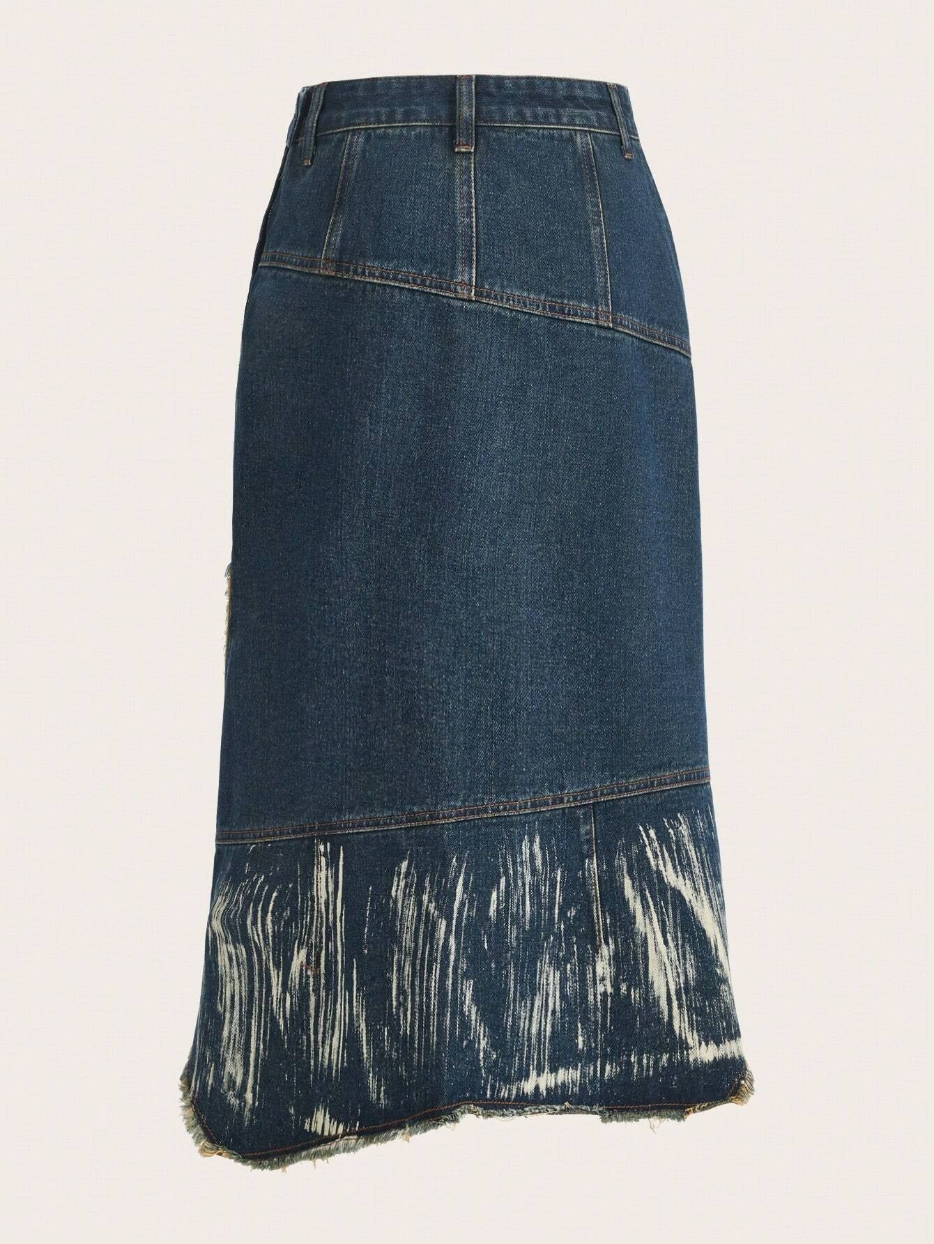 CM-BS984084 Women Casual Seoul Style Dark Wash Star Pattern Raw Trim Denim Skirt