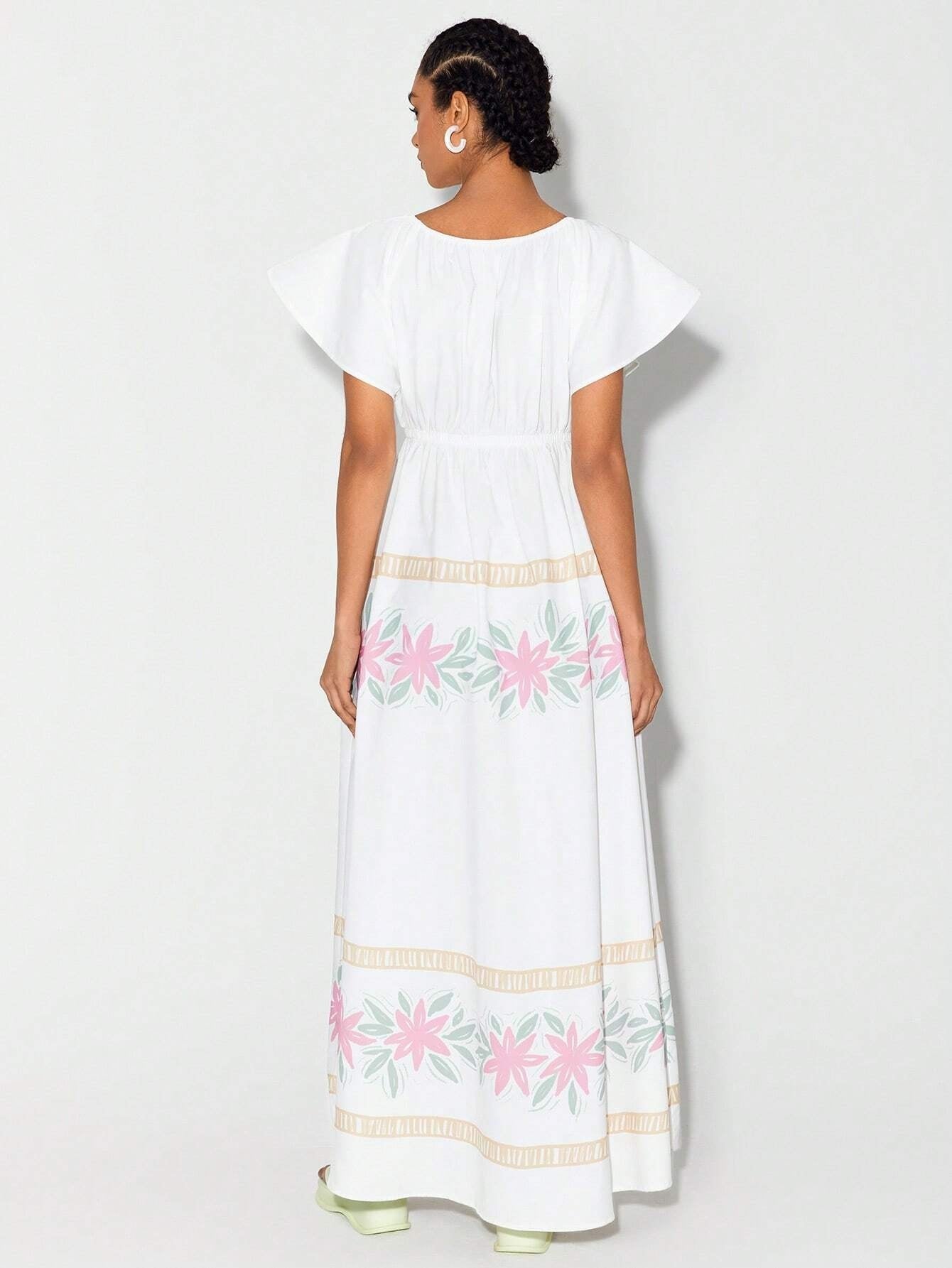 CM-DS655046 Women Trendy Bohemian Style Round Neck Floral Print Ruffle Trim Dress