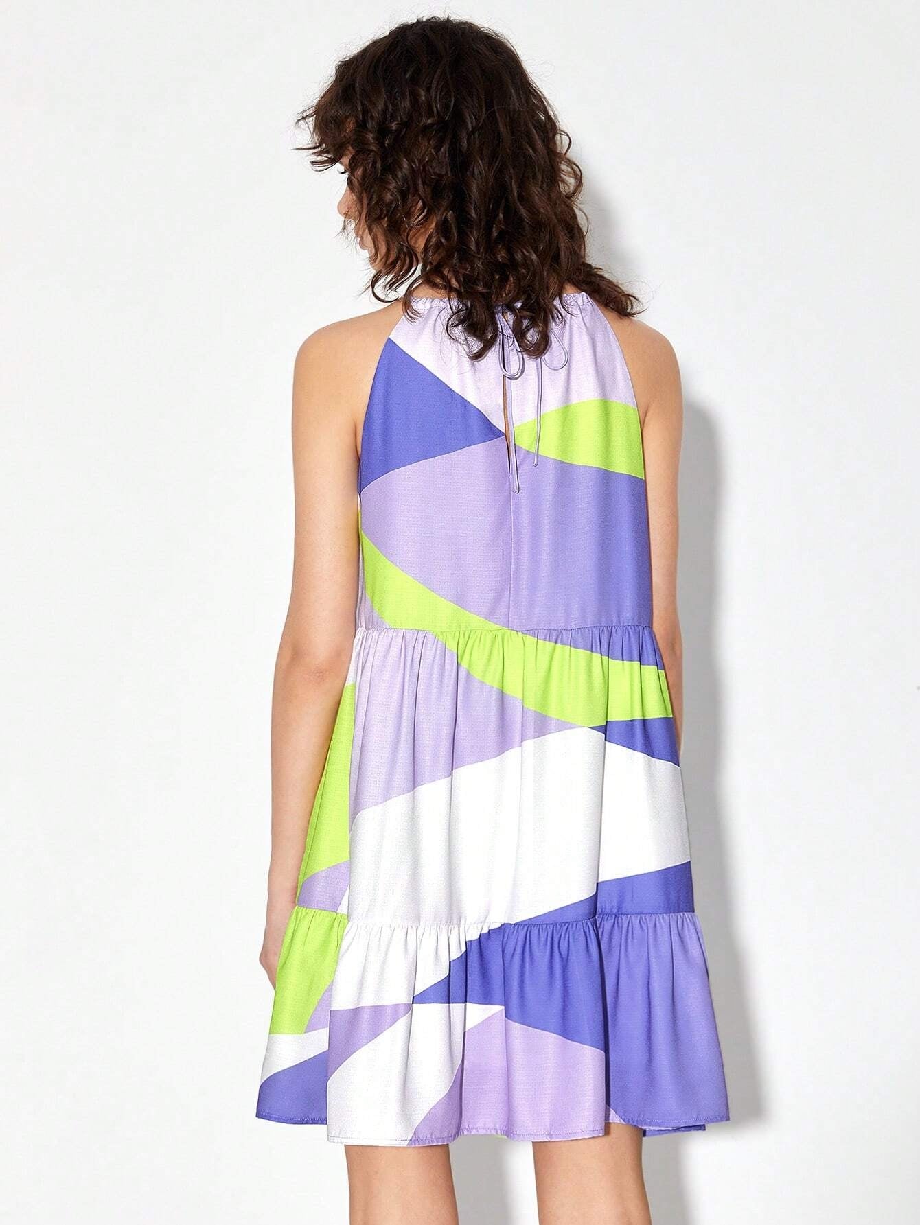CM-DS824168 Women Casual Seoul Style Sleeveless Colorblock Ruffle Hem Cami Dress