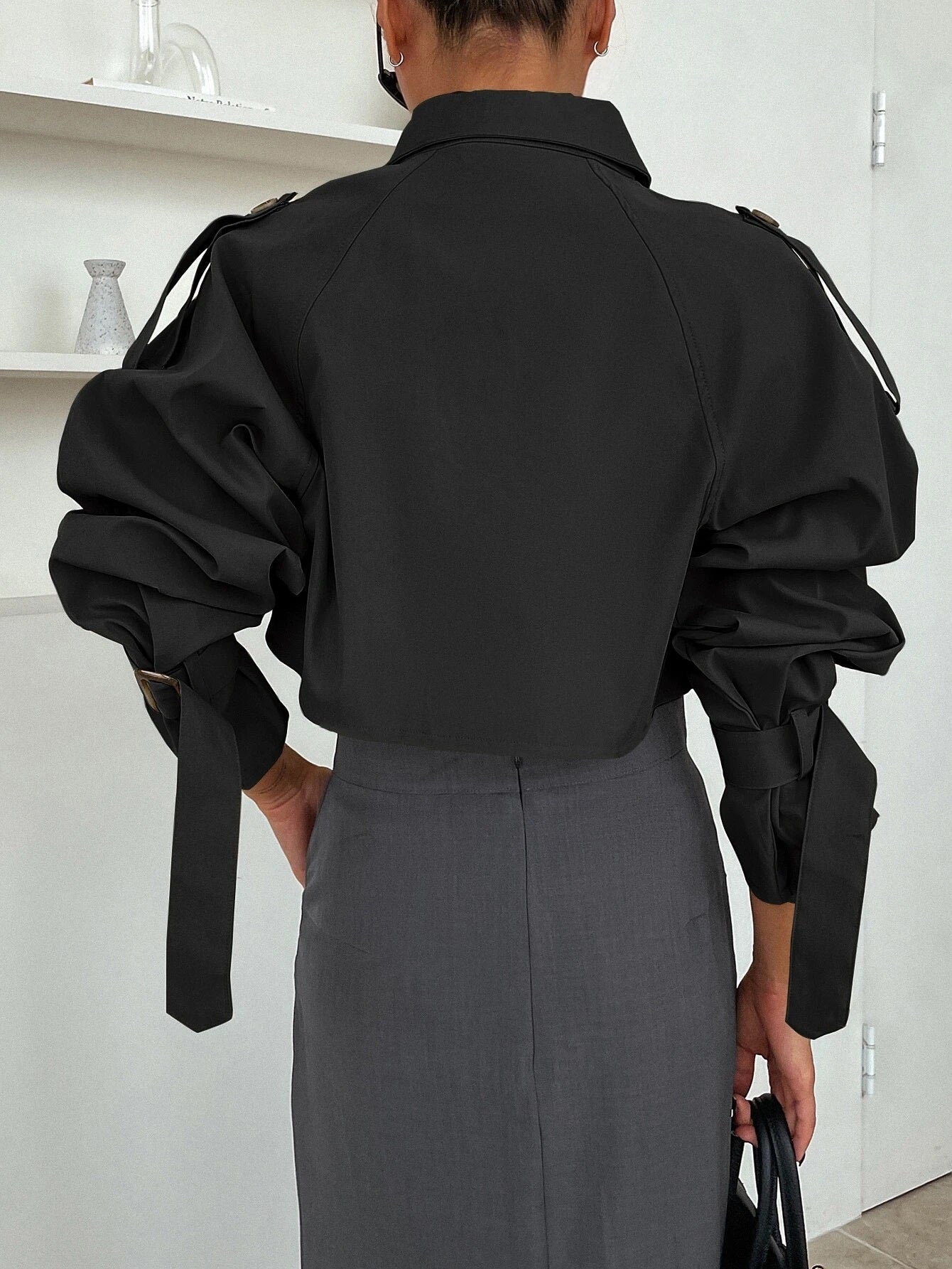 CM-CS731613 Women Elegant Seoul Style Buckle Raglan Sleeve Crop Trench Coat - Black