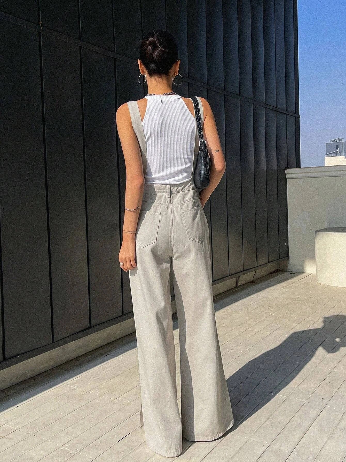 CM-JS523211 Women Casual Seoul Style Solid Slant Pocket Denim Overalls - Light Gray