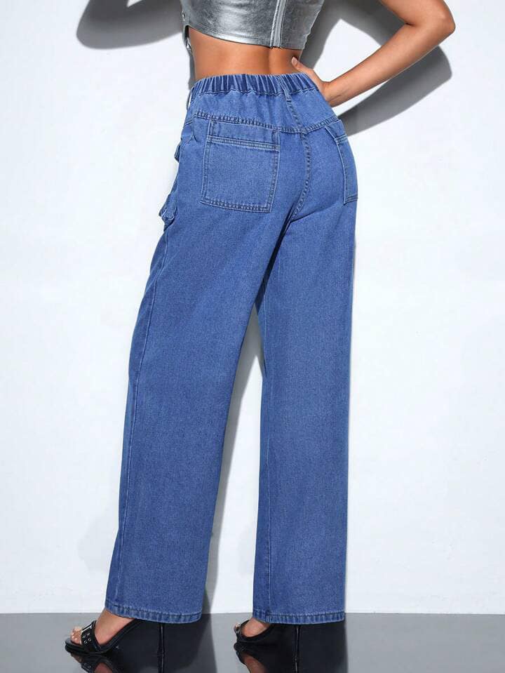 CM-BS422342 Women Casual Seoul Style Zipper-Fly Pocket Straight-Leg Jeans - Blue