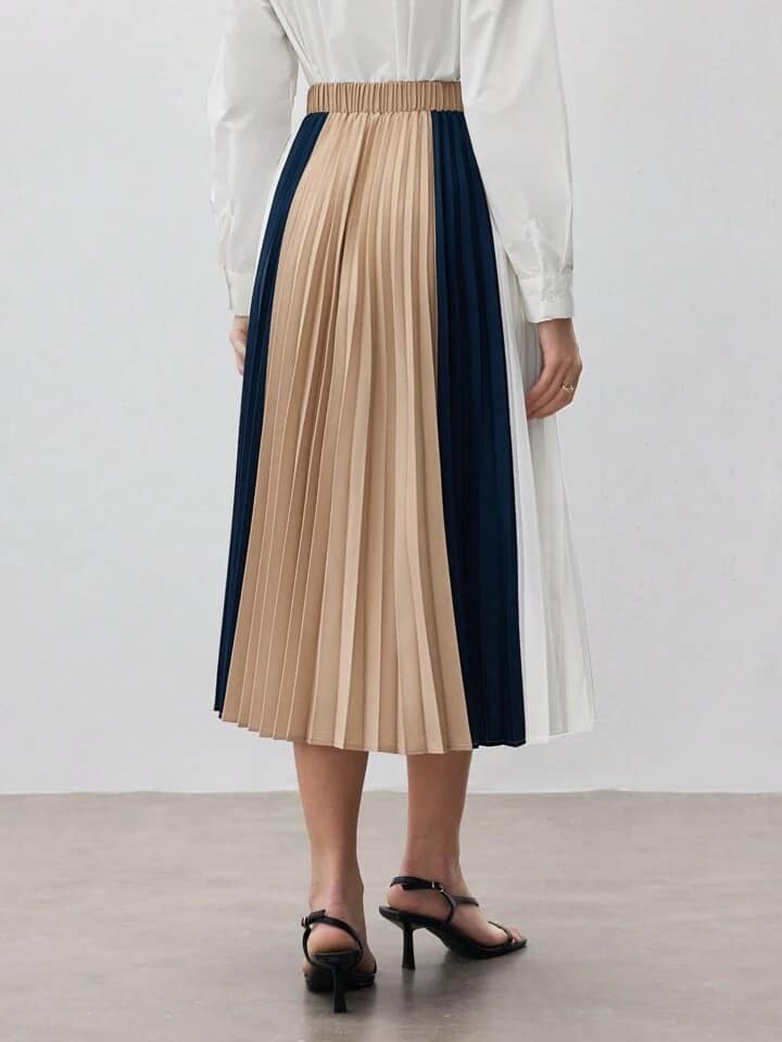 CM-BS589898 Women Elegant Seoul Style Colorblock Elastic Waist Pleated Midi Skirt