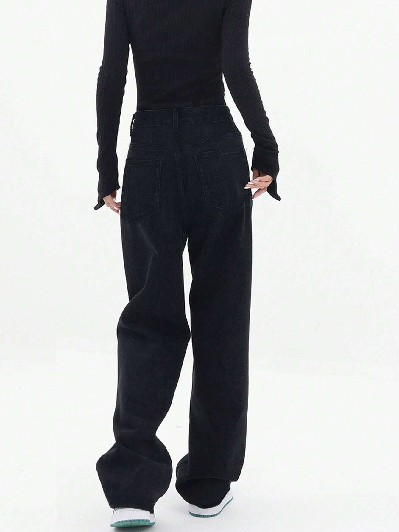 CM-BS499231 Women Casual Seoul Style High Waist Heart Print Wide Leg Jeans - Black