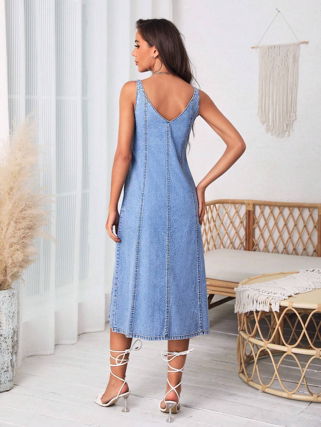CM-DS885771 Women Casual Seoul Style Light Wash Top-Stitching Denim Dress