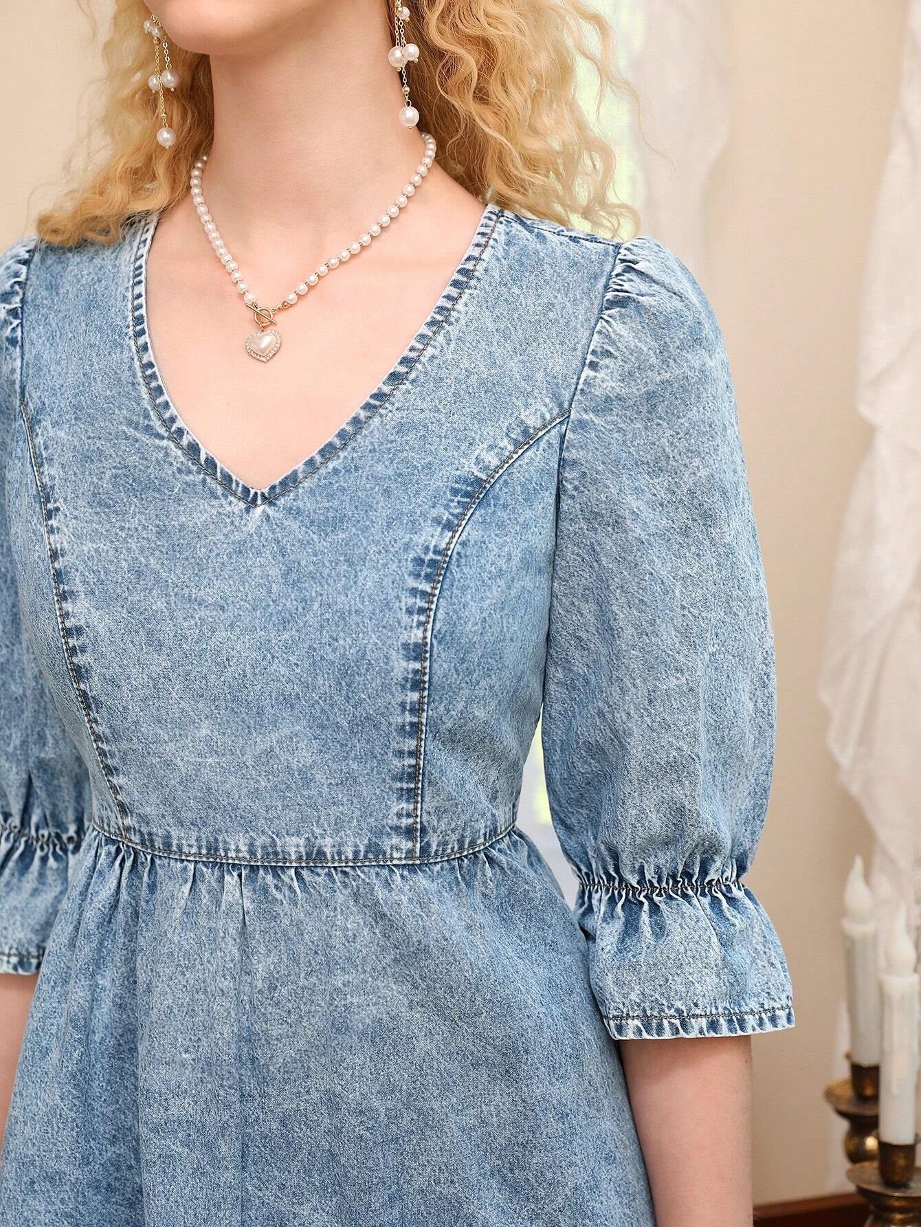 CM-DS670748 Women Preppy Seoul Style Medium Wash Flare Sleeve Raw Hem Denim Dress