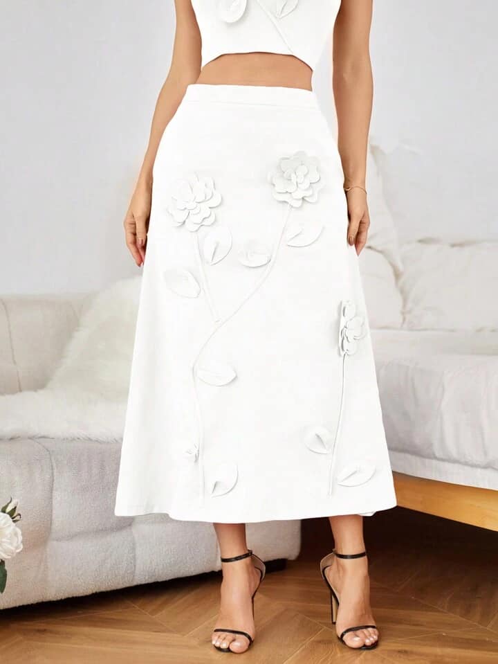 CM-BS059478 Women Elegant Seoul Style 3D Floral Decorated A-Line Skirt - White