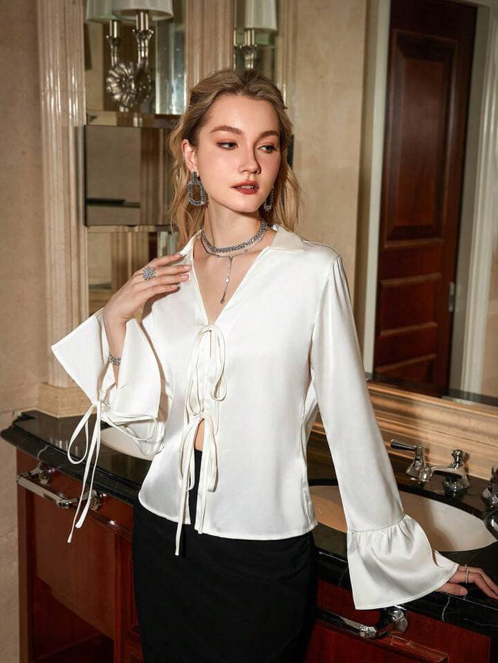 CM-TS261313 Women Casual Seoul Style Bow Tie V-Neck Long Sleeve Shirt - Apricot