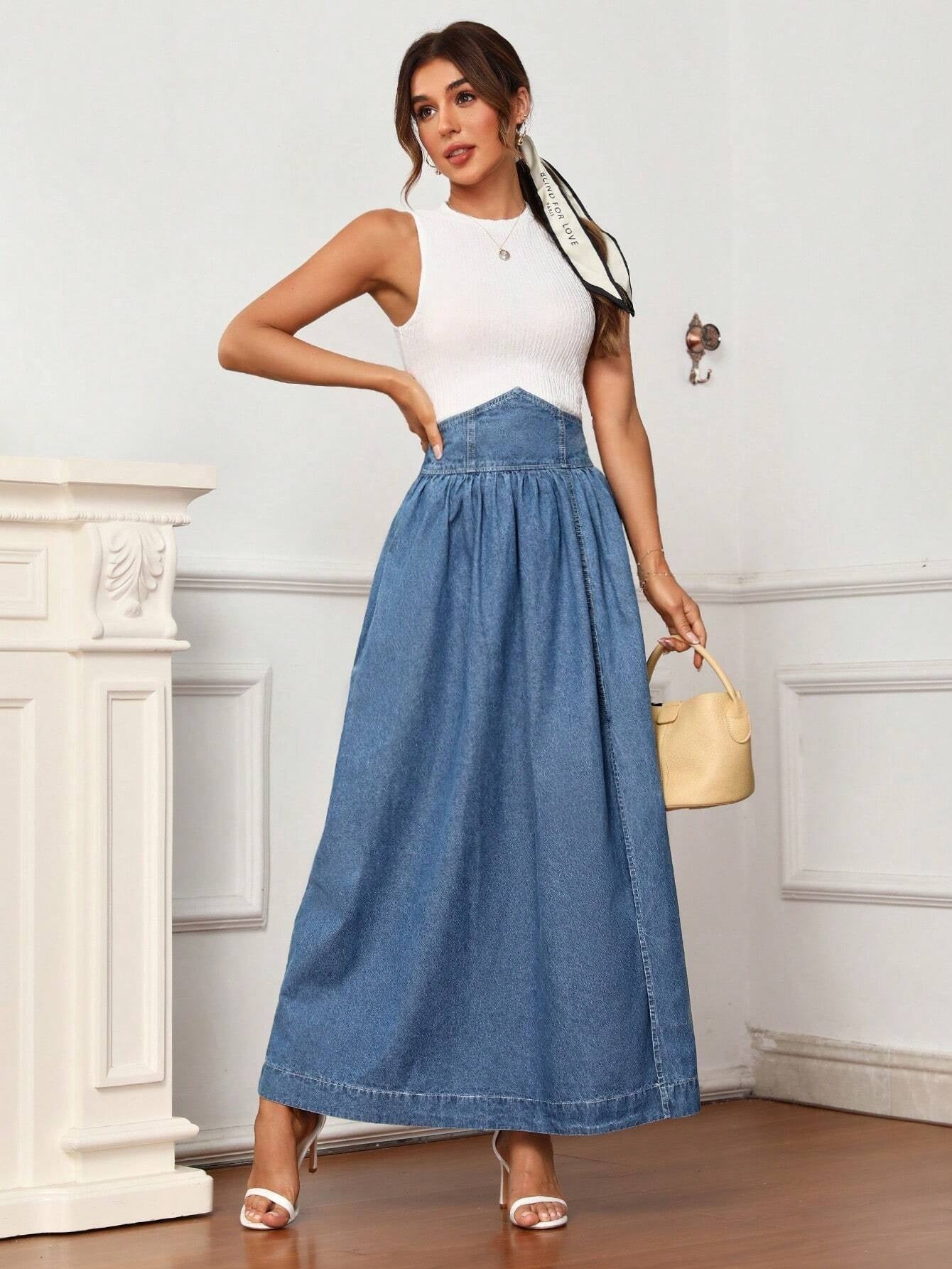 CM-BS584335 Women Casual Seoul Style Medium Wash High Waist Split Thigh Denim Skirt