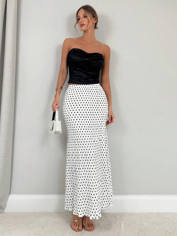 CM-BS945563 Women Casual Seoul Style Polka Dot High Waist Fishtail Swing Long Skirt