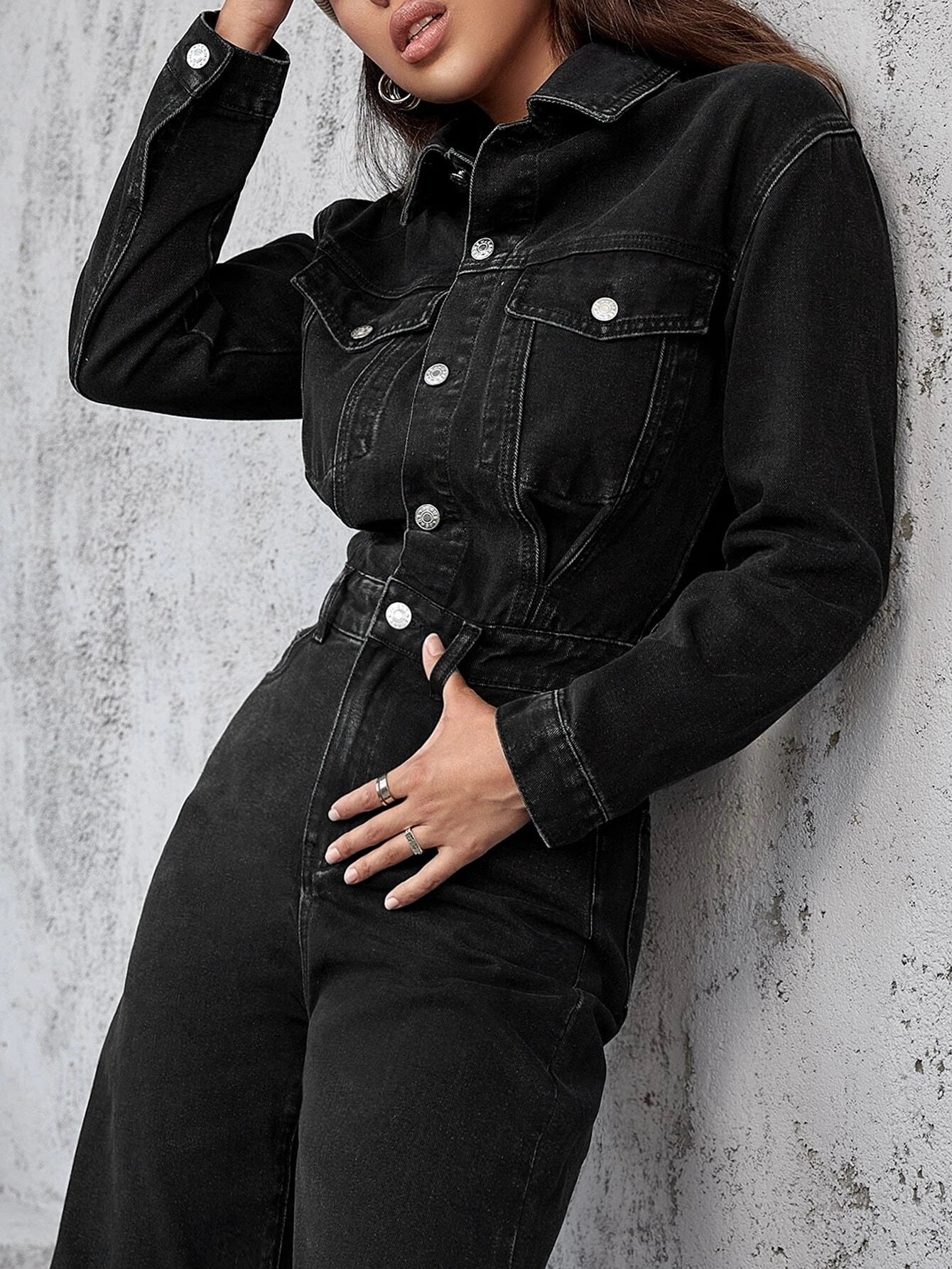 CM-JS071677 Women Casual Seoul Style Flap Pocket Button Front Denim Jumpsuit - Black