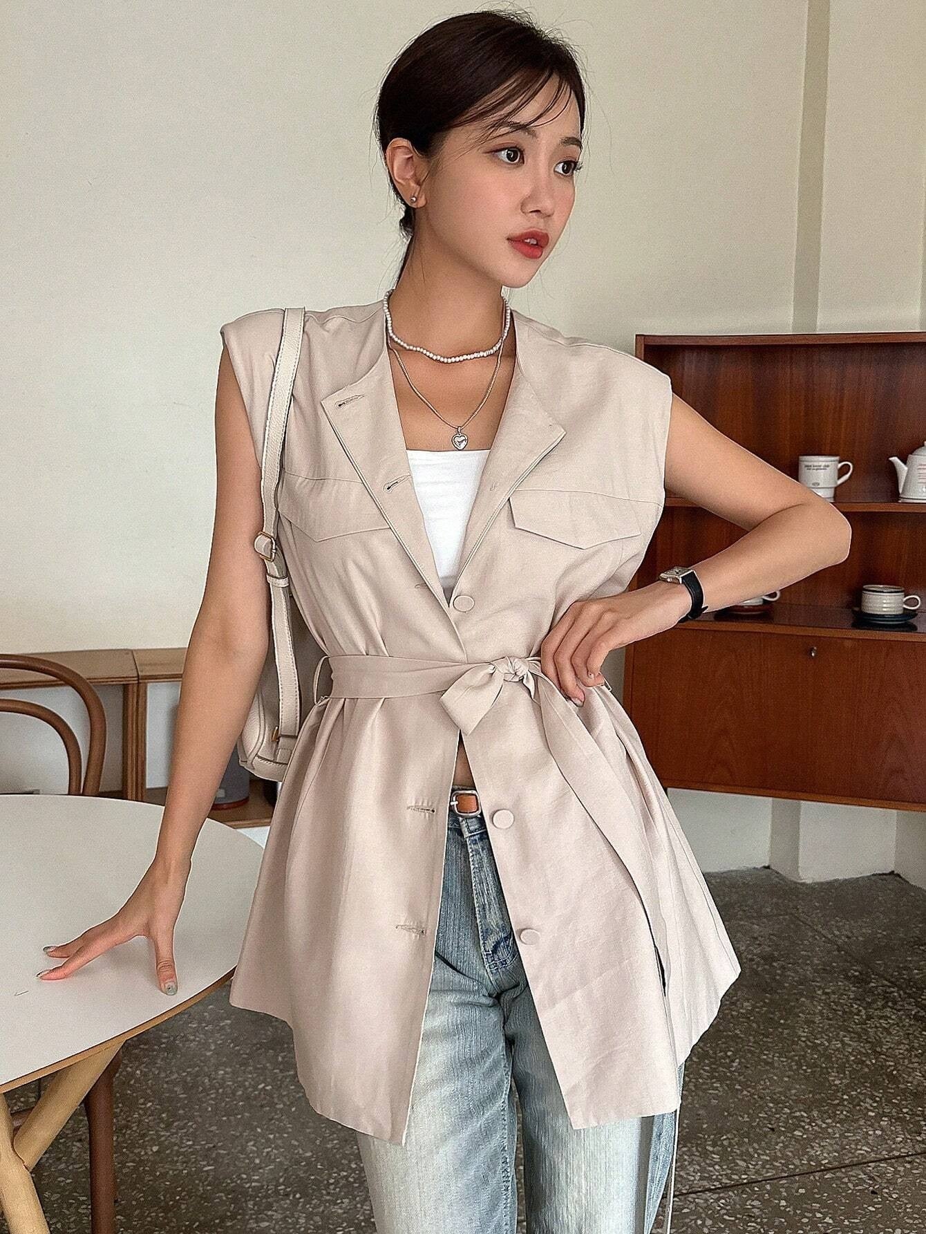 CM-CS376226 Women Casual Seoul Style Sleevelsss Flap Detail Belted Jacket - Khaki
