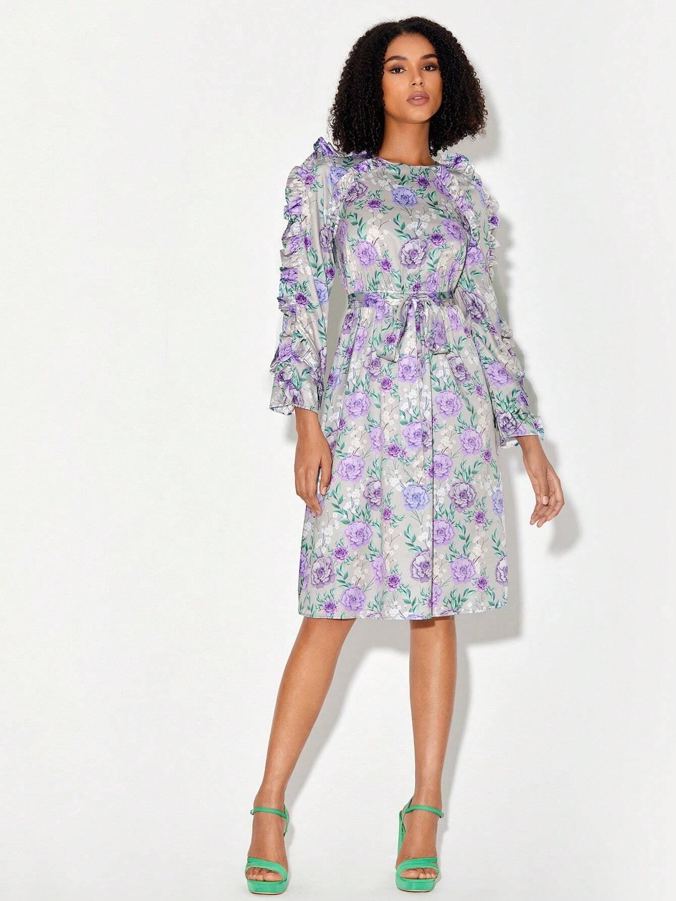 CM-DS466541 Women Elegant Seoul Style Round Neck Floral Print Ruffle Trim Belted Dress
