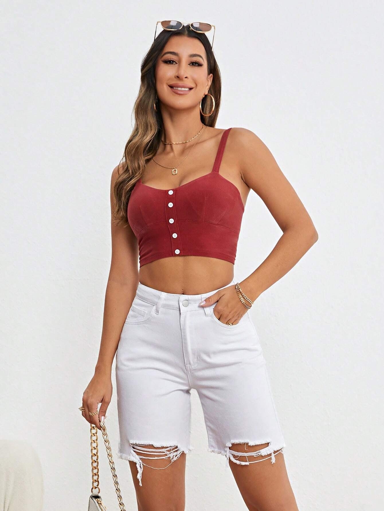 CM-BS311199 Women Casual Seoul Style Ripped Raw Hem Denim Shorts - White