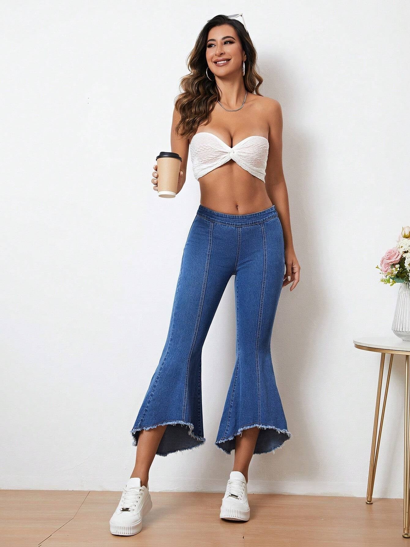 CM-BS779593 Women Preppy Seoul Style Asymmetrical Hem Flare Leg Jeans