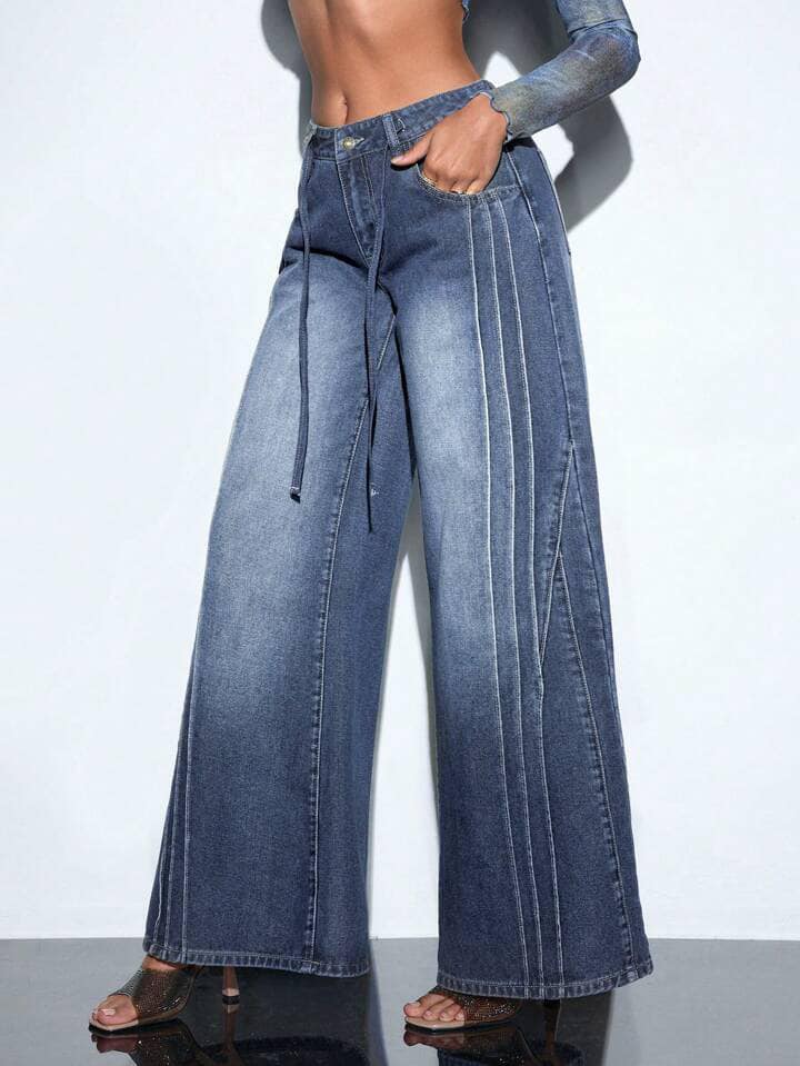 CM-BS161803 Women Casual Seoul Style Wide Leg Denim Pants With Pockets - Blue