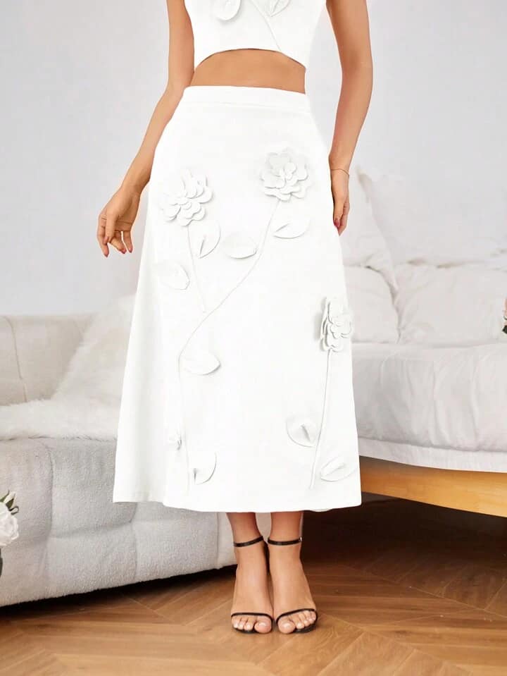 CM-BS059478 Women Elegant Seoul Style 3D Floral Decorated A-Line Skirt - White
