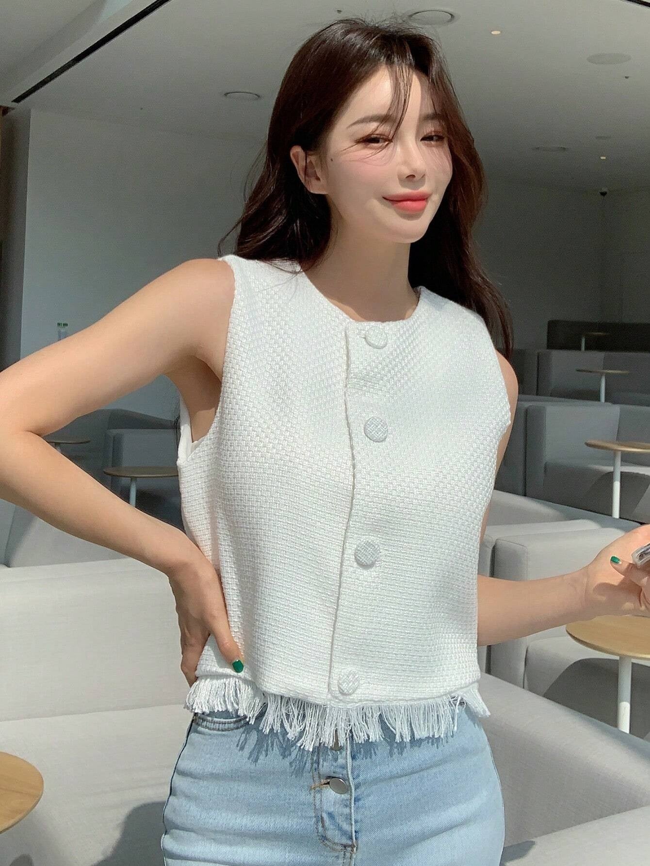 CM-CS309169 Women Casual Seoul Style Solid Button Front Vest Jacket - White