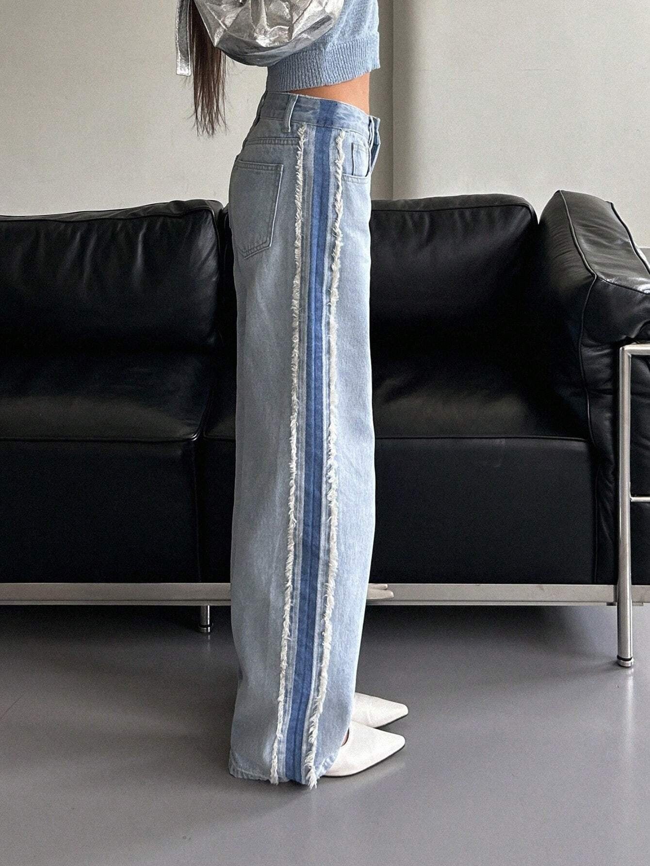 CM-BS152327 Women Preppy Seoul Style High Waist Contrast Side Seam Straight Leg Jeans