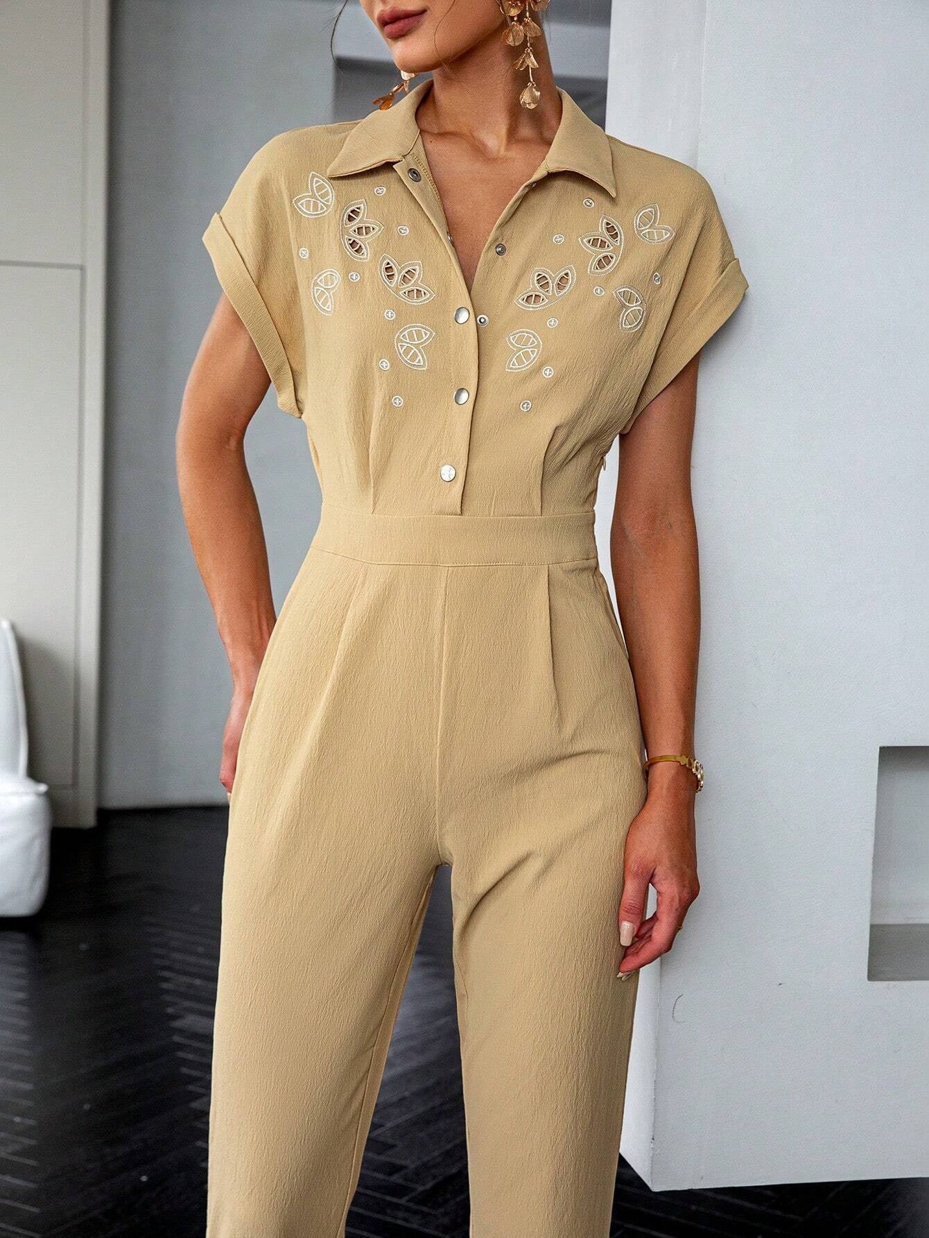 CM-JS811510 Women Elegant Seoul Style Floral Embroidery Batwing Sleeve Fold Pleated Shirt Jumpsuit