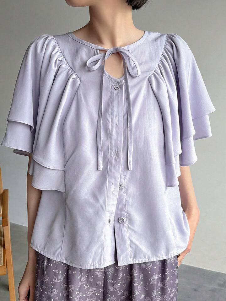 CM-TS227077 Women Casual Seoul Syle Tie Knot Neckline Ruffle Sleeve Button Down Shirt - Purple