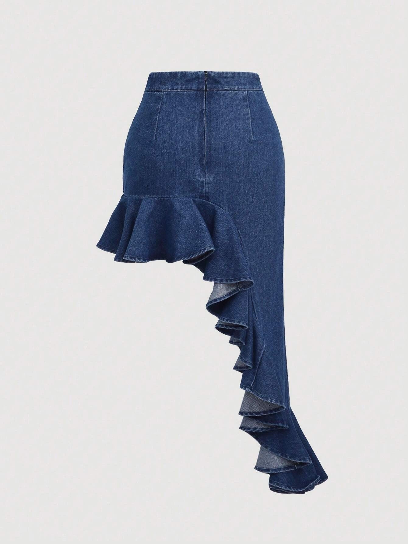 CM-BS569881 Women Preppy Seoul Style Ruffle Trim Asymmetrical Hem Denim Skirt
