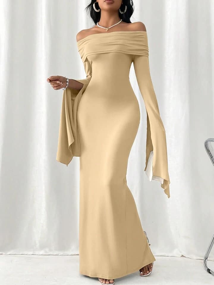 CM-DS119814 Women Elegant Seoul Style Off Shoulder Long Sleeve Bodycon Maxi Dress - Apricot