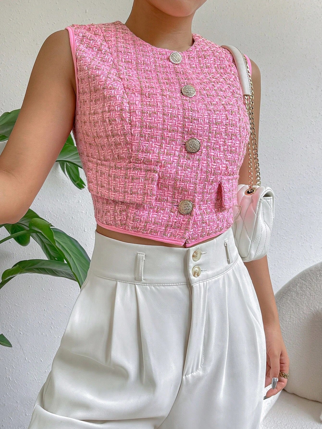 CM-CS034921 Women Casual Seoul Style Plaid Pattern Flap Detail Tweed Vest Jacket - Pink