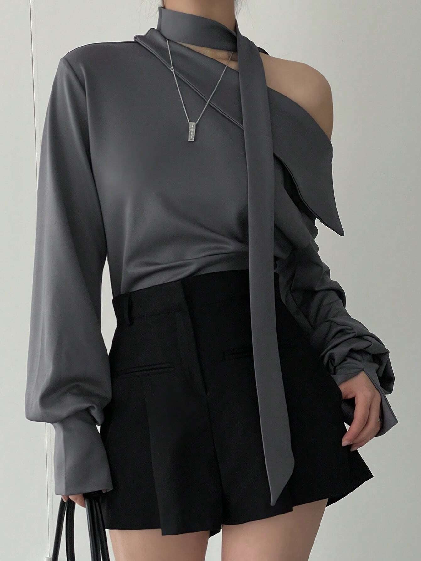 CM-TS926000 Women Casual Seoul Style Solid Asymmetrical Neck Drop Shoulder Blouse With Tie